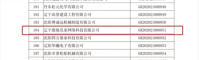 遼寧甜地瓜家網絡科技有限公司獲得＂遼寧省2020年第二批國家高新技術企業＂榮譽(圖2)